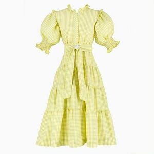 Dondolo Gingham Tiered Puff Sleeve Midi Dress Size Medium Yellow Cottagecore